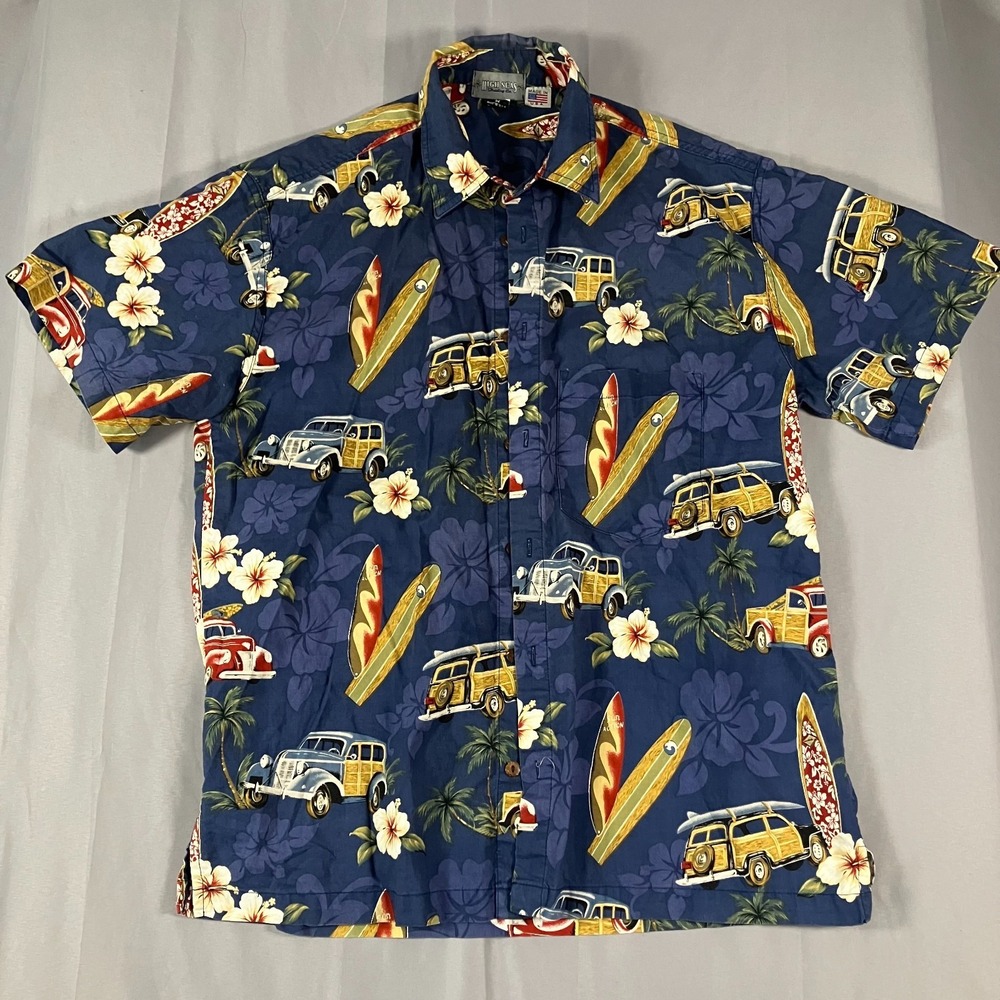 High Seas Trading Co Men's Medium‎ Aloha Shirt Surf Woody Print Made in USA